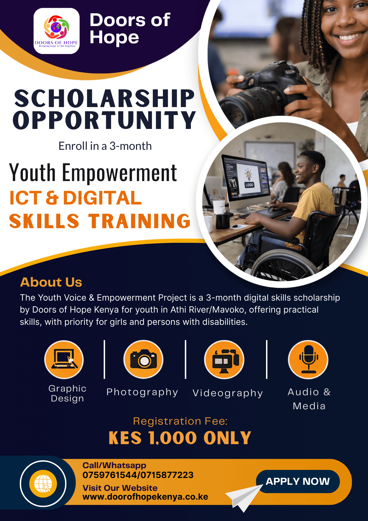 Youth participating in digital skills training under Doors of Hope Kenya’s Digital Skills & Youth Incubation Program in Athi River.