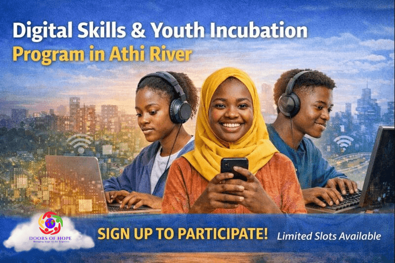 Youth participating in digital skills training under Doors of Hope Kenya’s Digital Skills & Youth Incubation Program in Athi River.